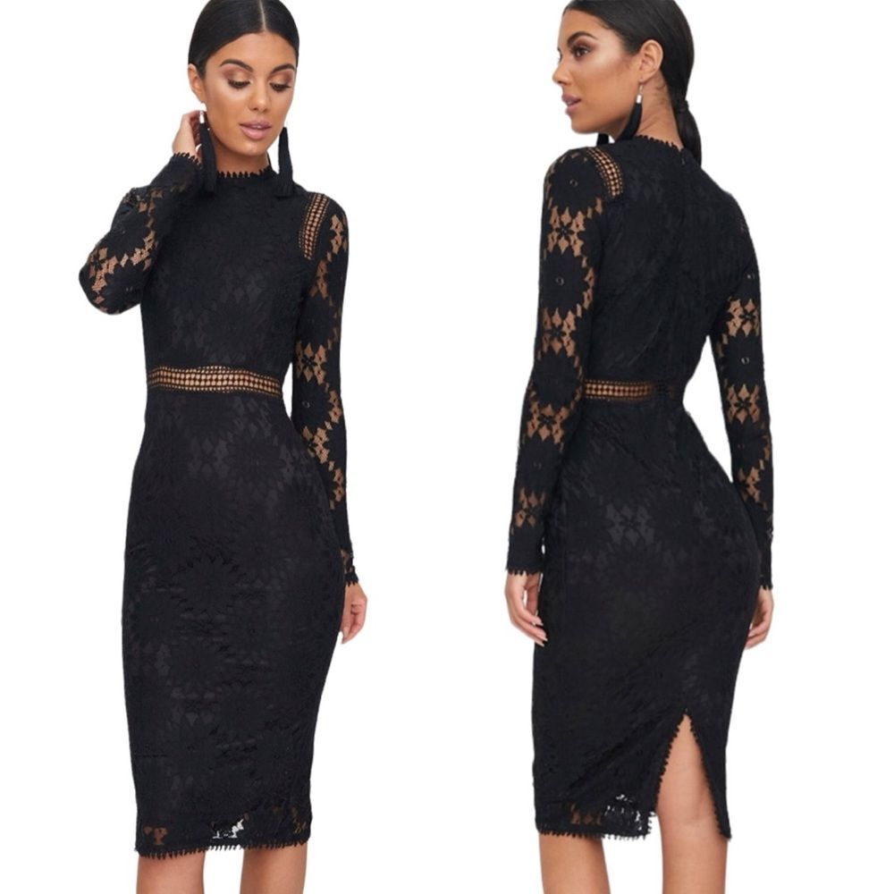 Pretty Little Thing Long Sleeve Black Lace Pencil Dress Size 6 Knee Length